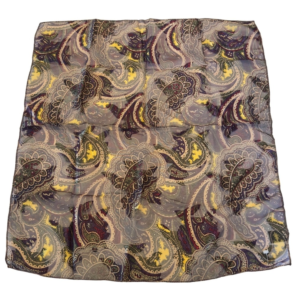 Vintage Paisley Sheer Square Scarf Purple Gold Metallic Silk Feel Neckerchief